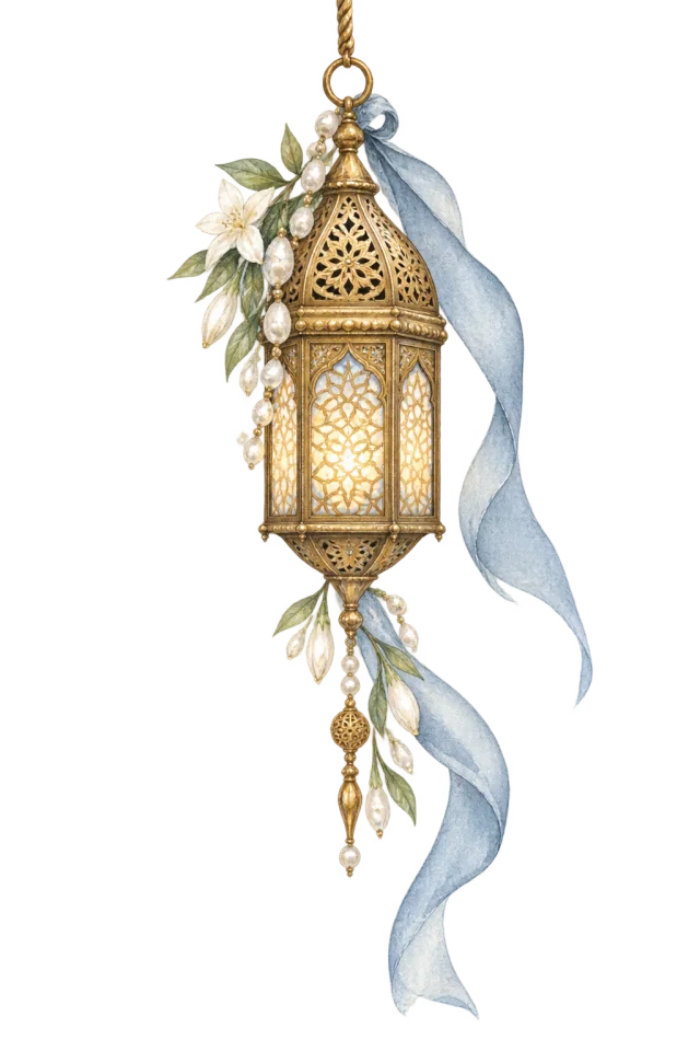 Watercolor brass lantern with jasmine and blue ribbon