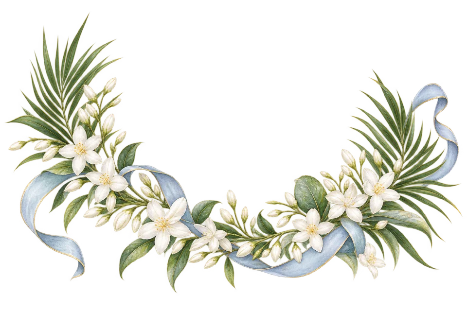 Watercolor jasmine and palm leaves tied with a blue ribbon