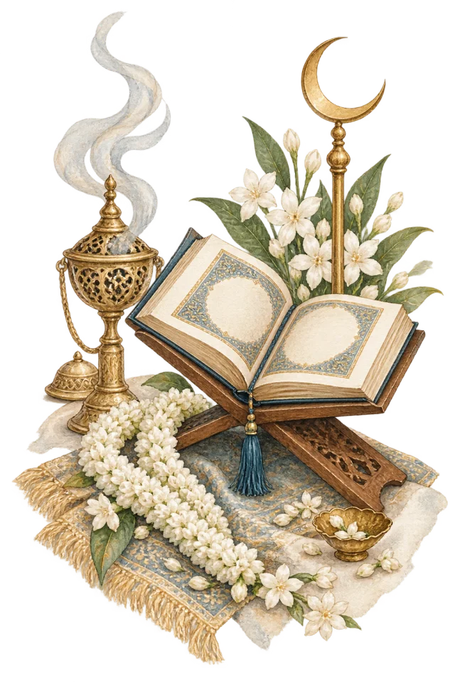 Watercolor Nikkah vignette with a Quran stand, incense and jasmine